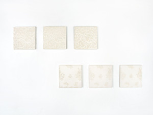 6 concrete tiles with delicate reliefs of lace and florals creates 2 series with 3 tiles each of modern wall art.