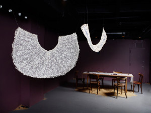 Installation art at Garis & Hahn Gallery in New York City of fiber art by Zoe Buckman.