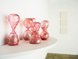 Original art: pink glass sculptures by Zoe Buckman on display in New York City at Garis & Hahn Gallery.