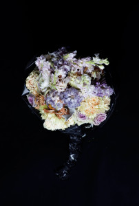 Fine Art Photography C Print: Purple roses and white flower bouquet against black background