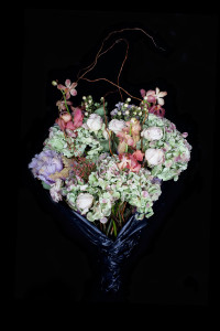 Fine Art Photography C Print: Red orchids and mixed flower flower bouquet against black background