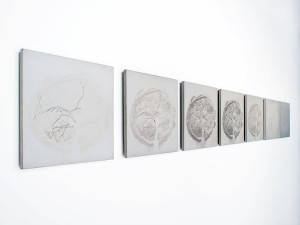 Wall sculptures of cement relief squares by Zoe Buckman on display at Garis & Hahn Gallery in New York City.