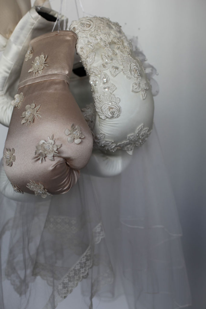 Detail of feminist boxing sculpture by fiber artist Zoe Buckman