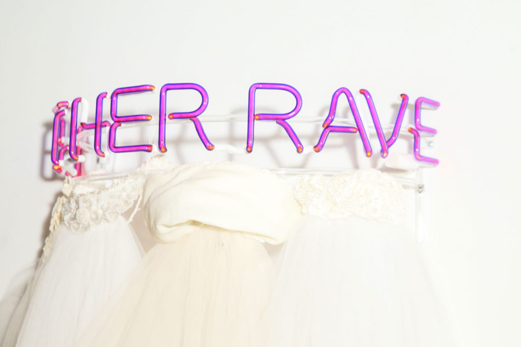 Let Her Rave feminist sculpture made of neon and wedding veils