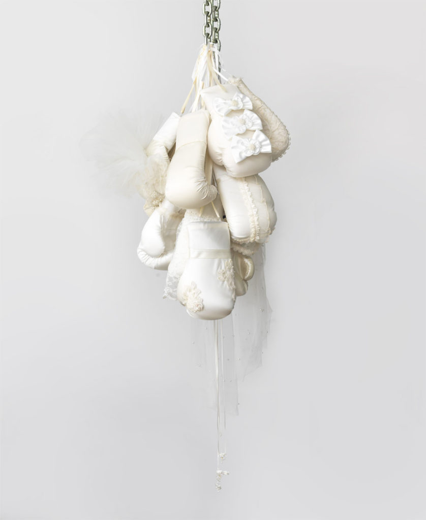 Zoe Buckman Veiled Melancholy Vintage Wedding Dress and Boxing Gloves with Bow Feminist Art